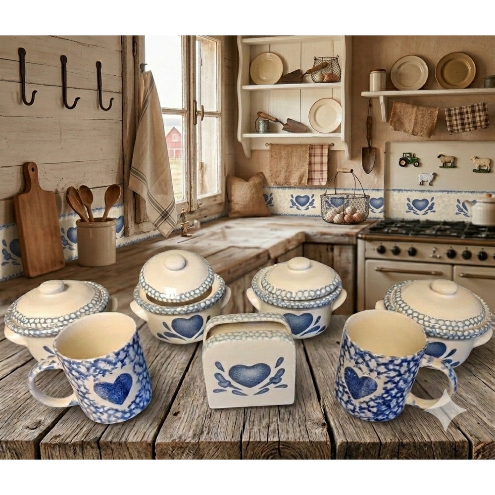 Vintage💙blue heart Stoneware Kitchen Set‎ Crocks Mugs Napkin Holder Shakers 9pc